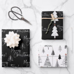 Black and White Merry Christmas Tree  Wrapping Paper Sheet<br><div class="desc">Beautiful and elegant black and white Merry Christmas wrapping paper set is perfect for those who like a simple and minimalist aesthetic. The  Christmas trees have a tiny gold star. So pretty with the hand written script typography.</div>