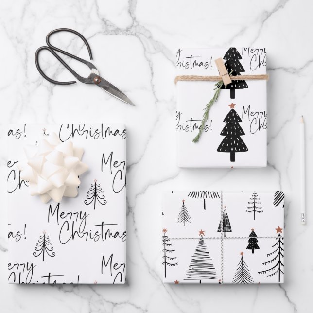 Black and White Merry Christmas Tree Wrapping Paper Sheet (Front)