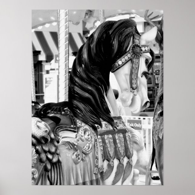 Black and White Merry-Go-Round Horse Poster (Front)