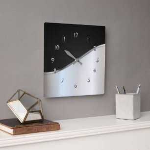 Black And White Metal Contrast Simple Shiny Silver Square Wall Clock
