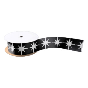 Black and White Mid Century Modern Retro Stars Satin Ribbon
