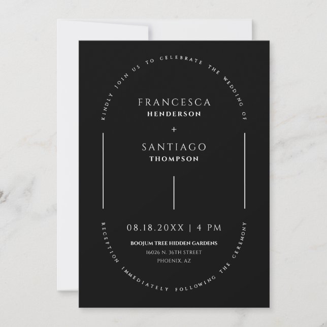Black and White Minimal Arch QR Code Wedding Invitation (Front)