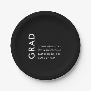 Black and White Minimal Modern Bold Grad Party Paper Plate