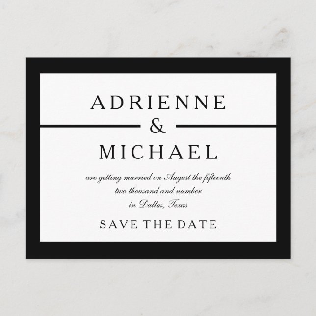 Black and White Minimal Save the Date Announcement Postcard (Front)