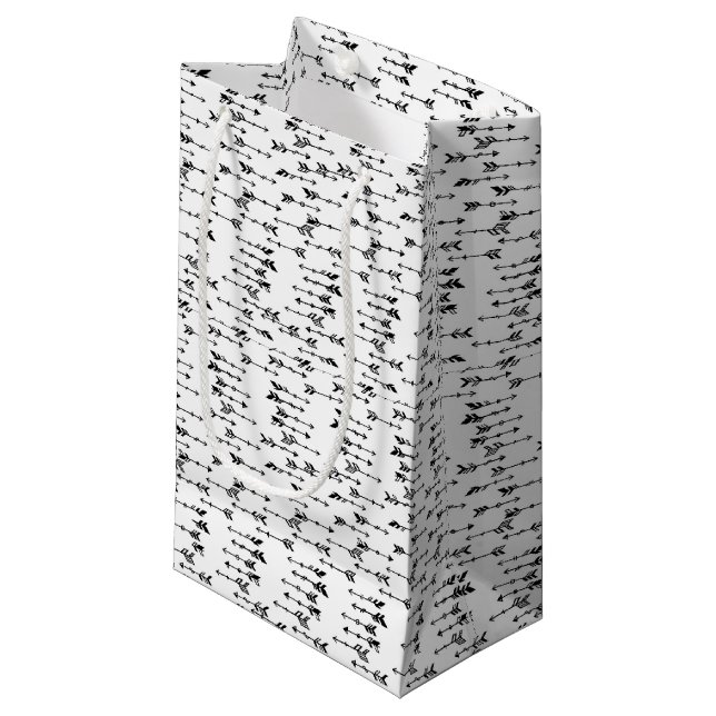 Black and white minimalist boho arrow pattern small gift bag (Front Angled)