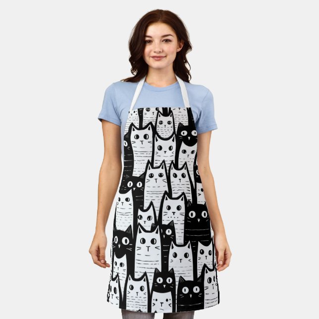 Black and White Minimalist Cat Pattern Apron (Worn)