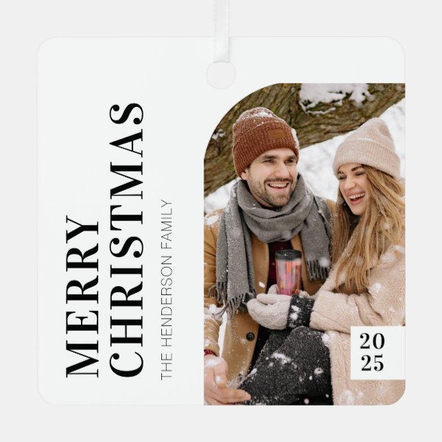 Black and White Minimalist Christmas Photo Metal Ornament (Front)