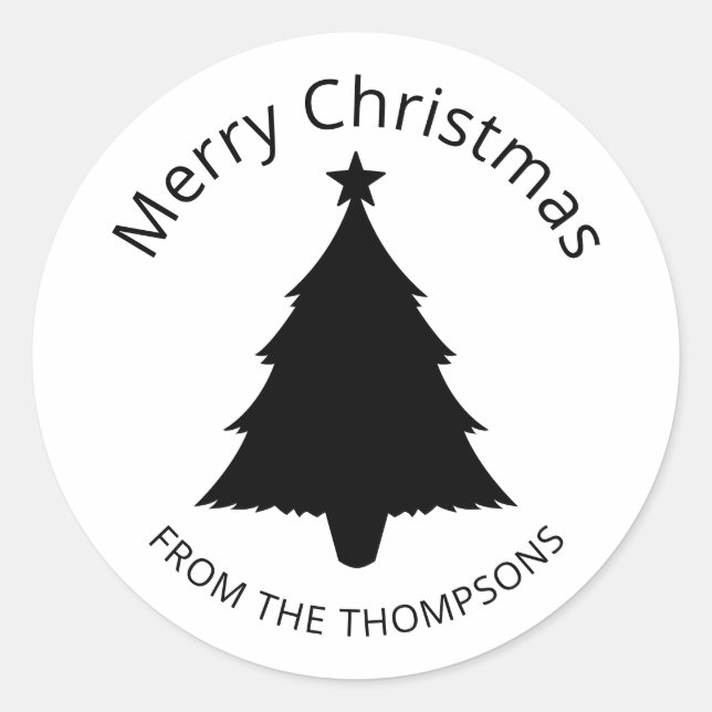 Black And White Minimalist Christmas Tree And Star Classic Round Sticker (Front)