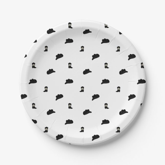 Black and White Minimalist Cowboy Rodeo Pattern Paper Plate (Front)