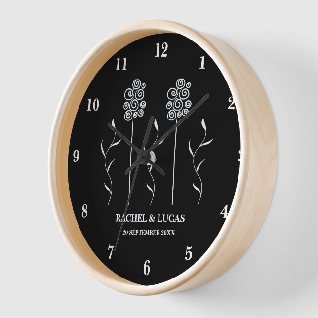 Black and White Minimalist Curly Floral Wall Clock (Angle)