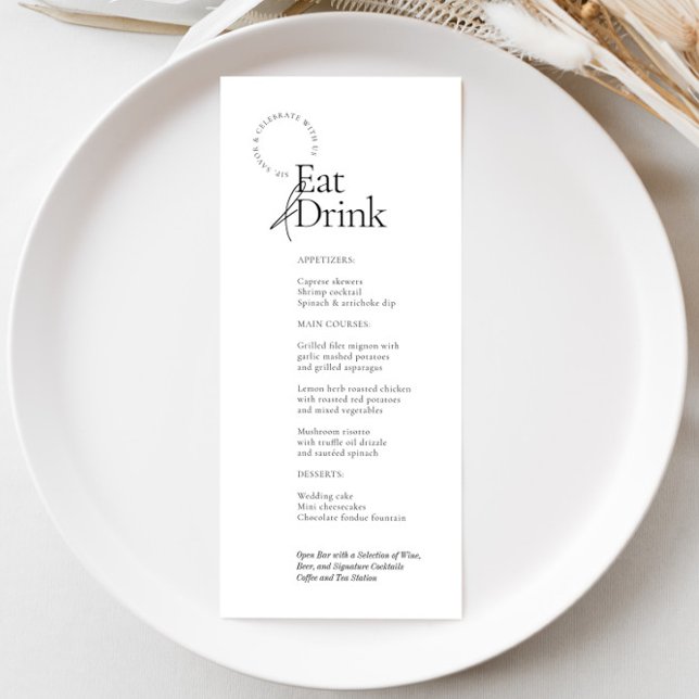 Black and White Minimalist Eat and Drink Wedding Menu (Creator Uploaded)