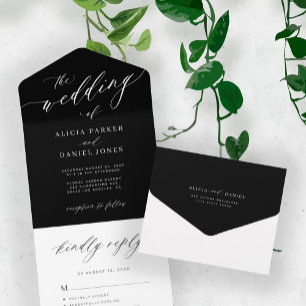 Black and white minimalist elegant script wedding all in one invitation