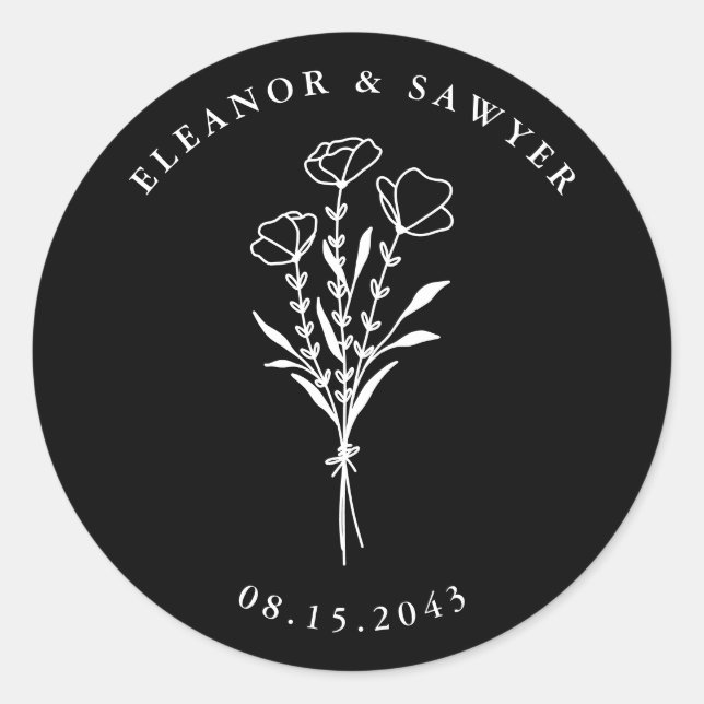 Black and White Minimalist Floral Bouquet Wedding Classic Round Sticker (Front)