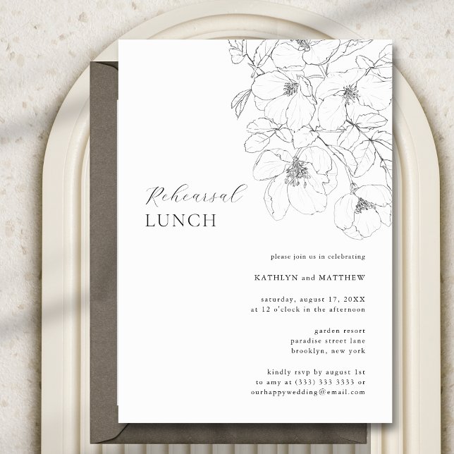 Black and White Minimalist Floral Rehearsal Lunch Invitation (Creator Uploaded)