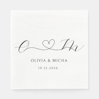 Black And White Minimalist Heart Monogram Wedding Napkin