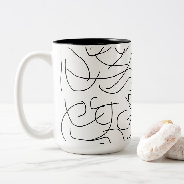 Black and White Minimalist Line Art Two-Tone Coffee Mug (With Donut)