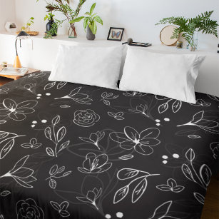 Black and White Minimalist Modern Florals Leaves Duvet Cover