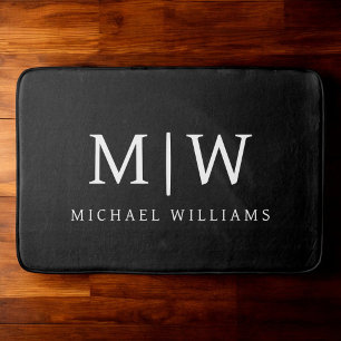 Black and White Minimalist Modern Monogram Bath Mat