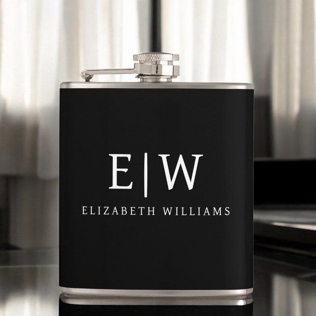 Black and White Minimalist Modern Monogram Hip Flask (Creator Uploaded)