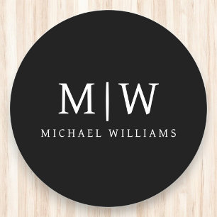 Black and White Minimalist Modern Monogram Round Paper Coaster