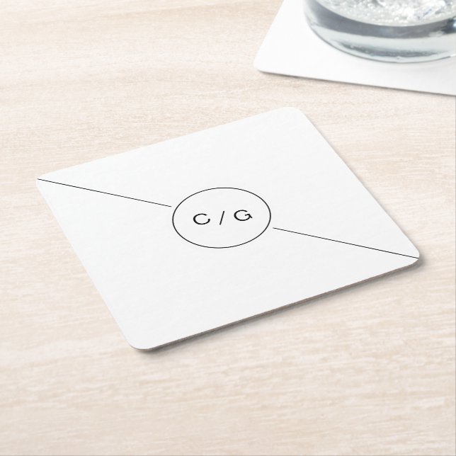 Black and white minimalist modern wedding monogram square paper coaster (Angled)