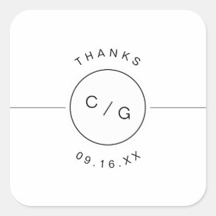 Black and white minimalist modern wedding monogram square sticker