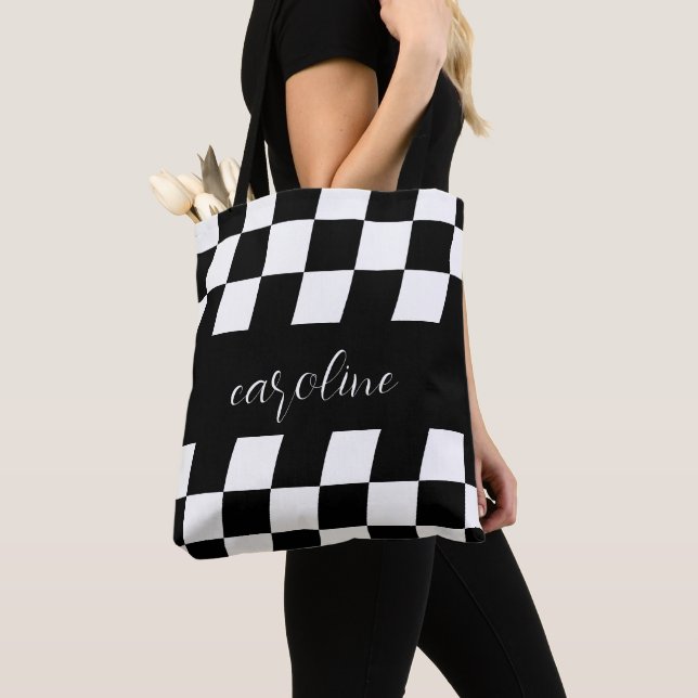 Black and White Minimalist Monogram Chequered Tote Bag (Close Up)