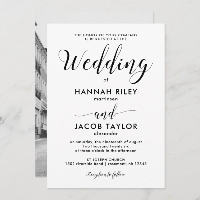 Black and White Minimalist Photo Wedding Invitation (Front/Back)