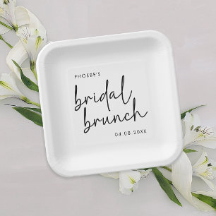 Black and White Minimalist Script Bridal Brunch Paper Plate