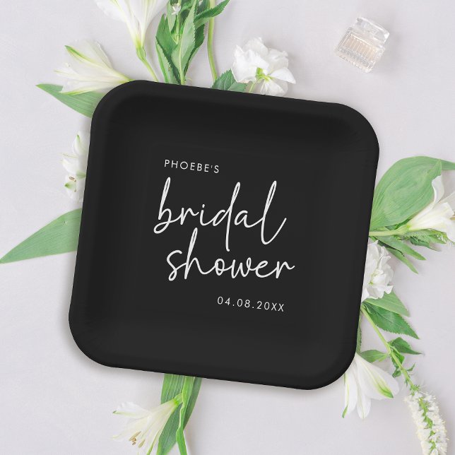 Black and White Minimalist Script Bridal Shower Paper Plate (Creator Uploaded)