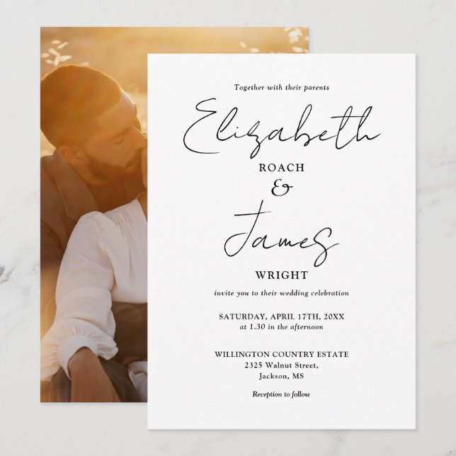 Black And White Minimalist Script Photo Wedding Invitation (Front/Back)