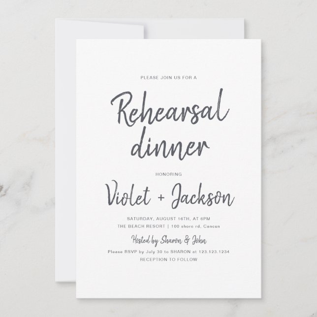 Black and white minimalist script rehearsal dinner invitation (Front)