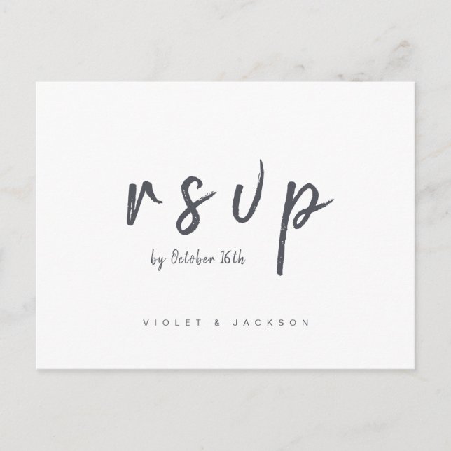 Black and white minimalist script wedding RSVP Invitation Postcard (Front)