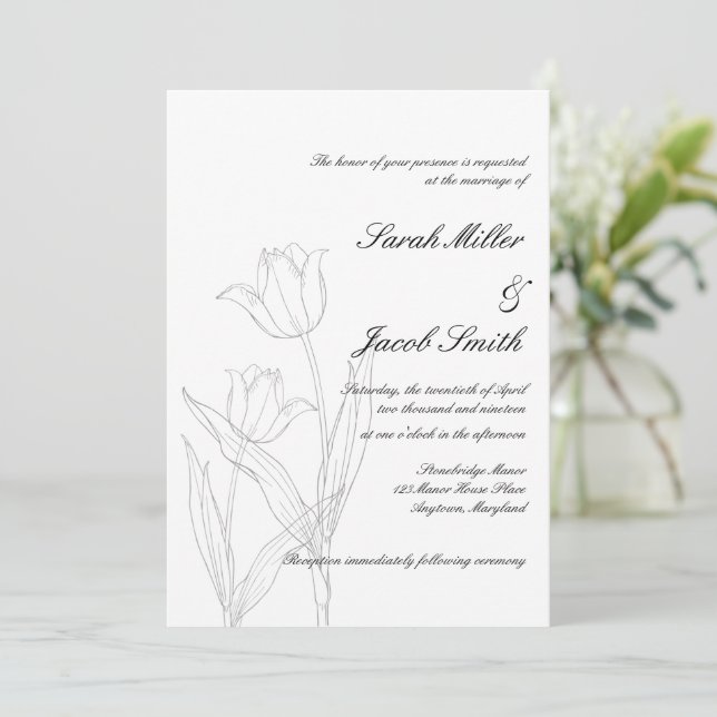 Black and White Minimalist Tulip Wedding Invitation (Standing Front)