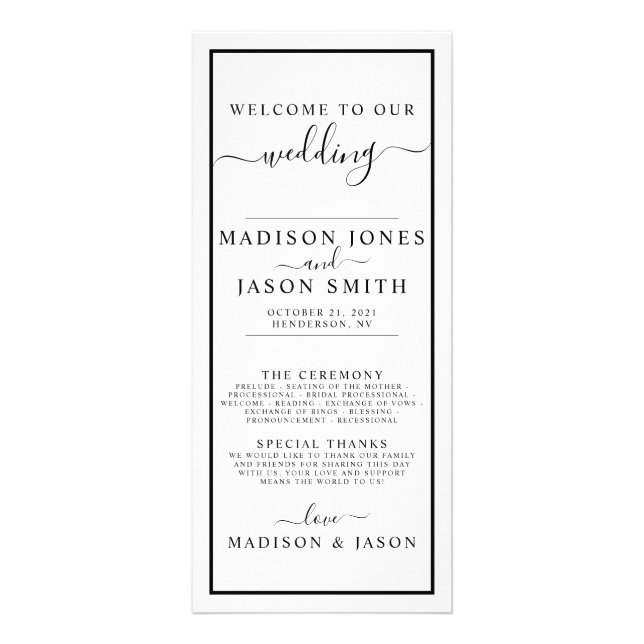 Black and White Minimalist Wedding Program (Front)