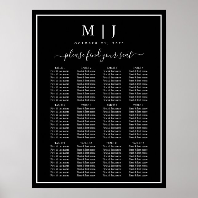 Black and White Minimalist Wedding Seating Chart (Front)