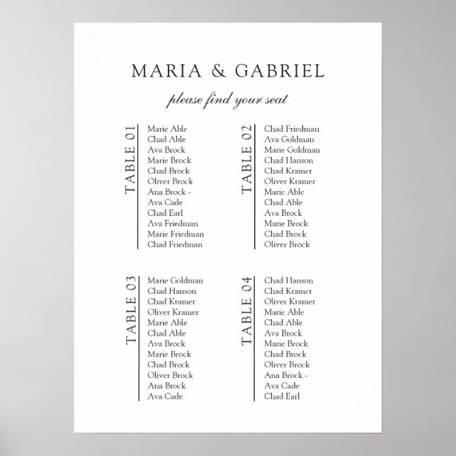 Black and white minimalist Wedding Seating Chart (Front)