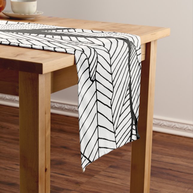 Black and White Modern Abstract Geometric Leaves Short Table Runner (In Situ)