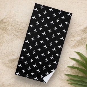 Black and White Modern Airplanes Pilot Beach Towel