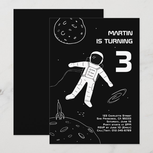 Black and White Modern Astronaut Space Birthday Invitation (Front/Back)