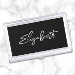 Black and White Modern Brush Script First Name Business Card Holder<br><div class="desc">A first name business card case holder for her. The script is a lovely, brush stroke modern handwritten script that is a perfect gift for her. The decorative brush stroke style may require you to re-centre your given name. You may also customize the white font colour and calligraphy style. The...</div>