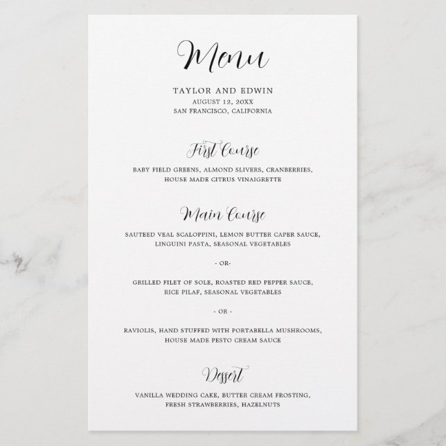 Black and White Modern Budget Wedding Menu (Front)