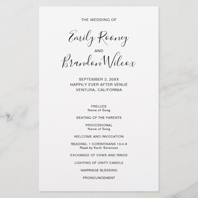 Black and White Modern Budget Wedding Program (Front)