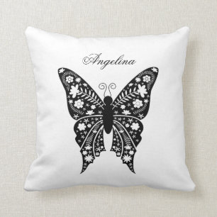 Black and White Modern Butterfly Name Throw Pillow