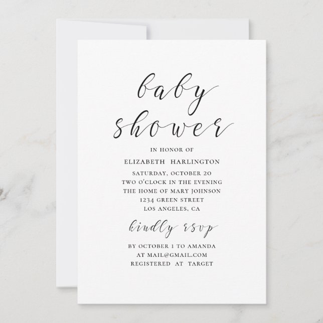 Black and white modern calligraphy baby shower invitation (Front)