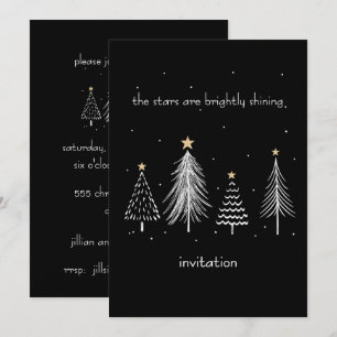 Black and White Modern Christmas Tree Gold Stars Invitation