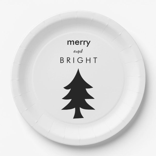 Black and White Modern Christmas Tree Paper Plate (Front)