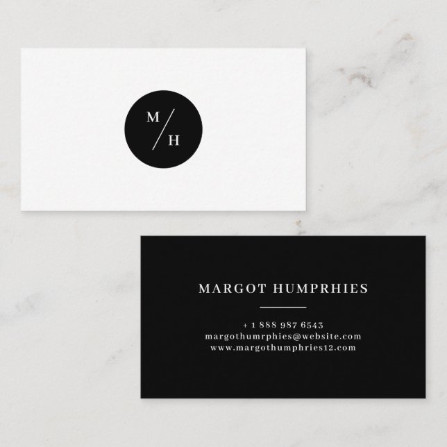 Black and White Modern Circle Monogram Typography Business Card (Front/Back)