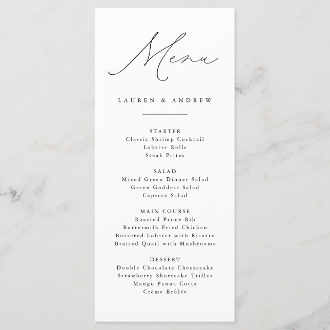 Black and White Modern Classic Wedding Event Menu (Front)