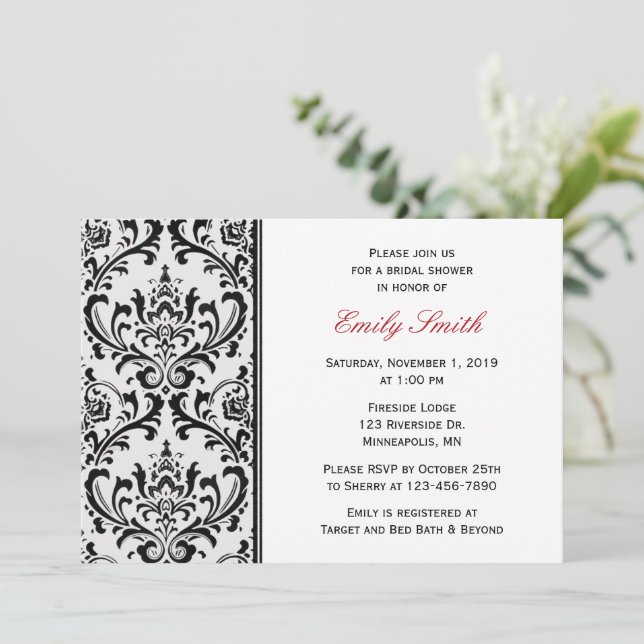 Black and White Modern Damask Bridal Shower Invitation (Standing Front)